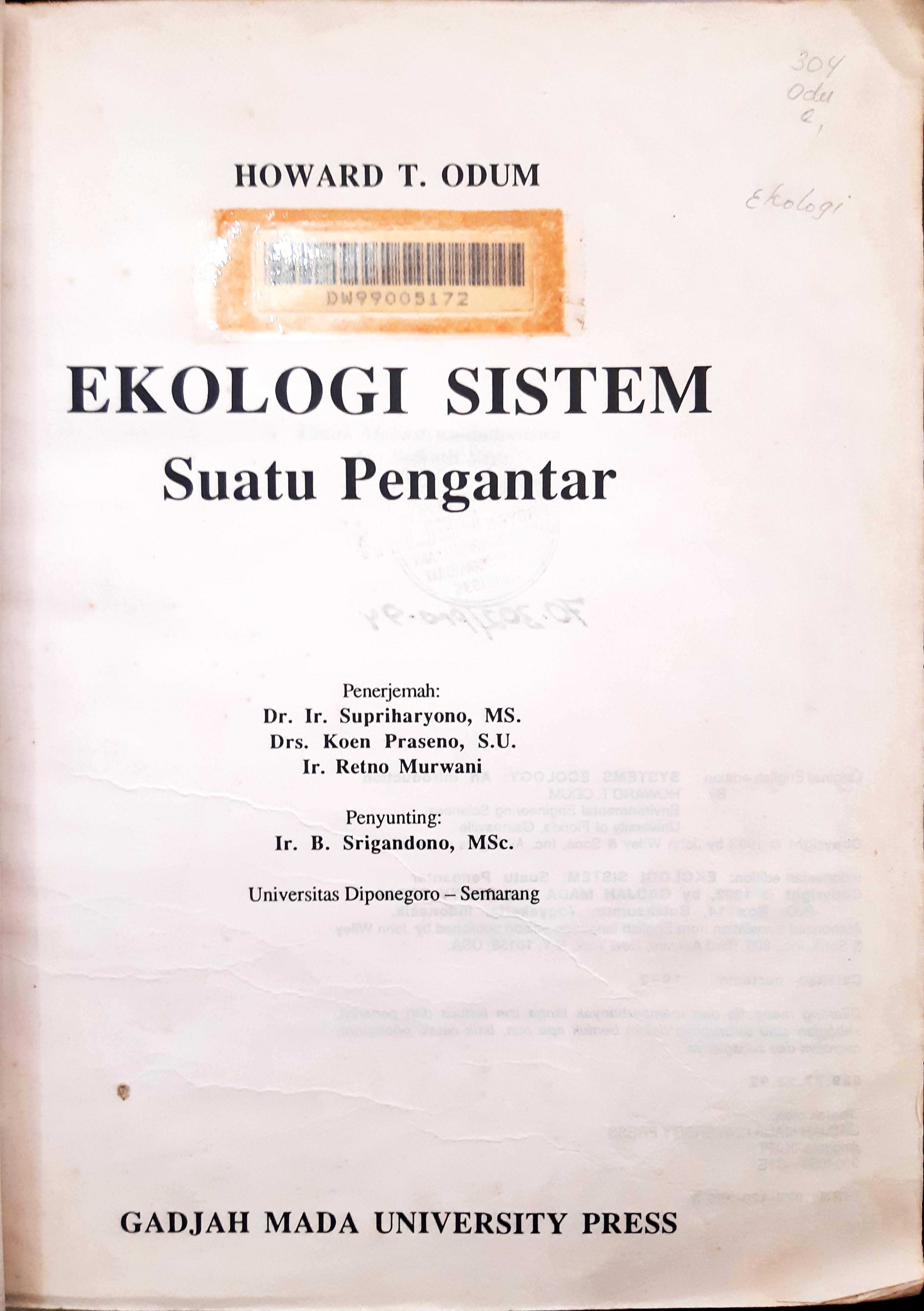Cover Ekologi sistem :  Suatu pengantar / Howard T Odum; penerjemah Supriharyono