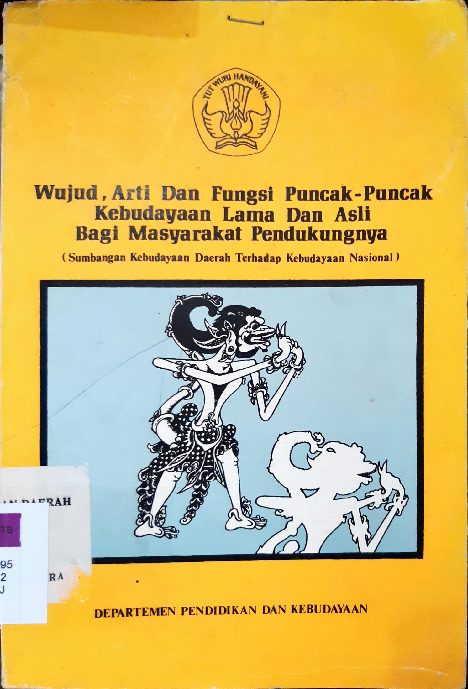 Cover Wujud, arti dan fungsi puncak-puncak kebudayaan lama dan asli bagi masyarakat pendukungnya, :  Sumbangan Kebudayaan daerah terhadap kebudayaan Nasional / Editor, Drs. Slamet Rahardjo