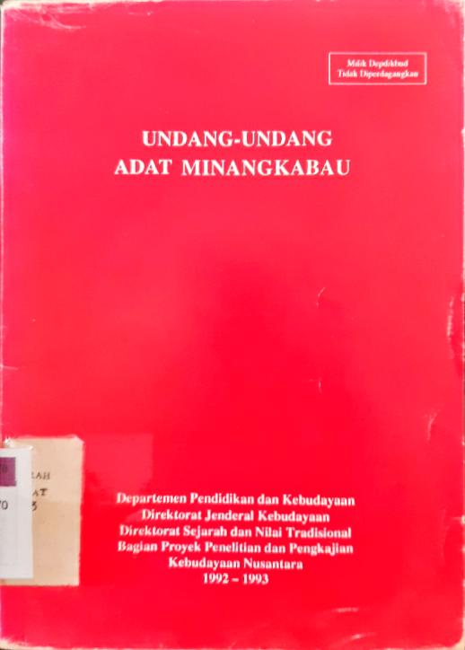 Cover Undang-Undang ada Minangkabau / Dra, Nurana, Sy amsidar, B,A