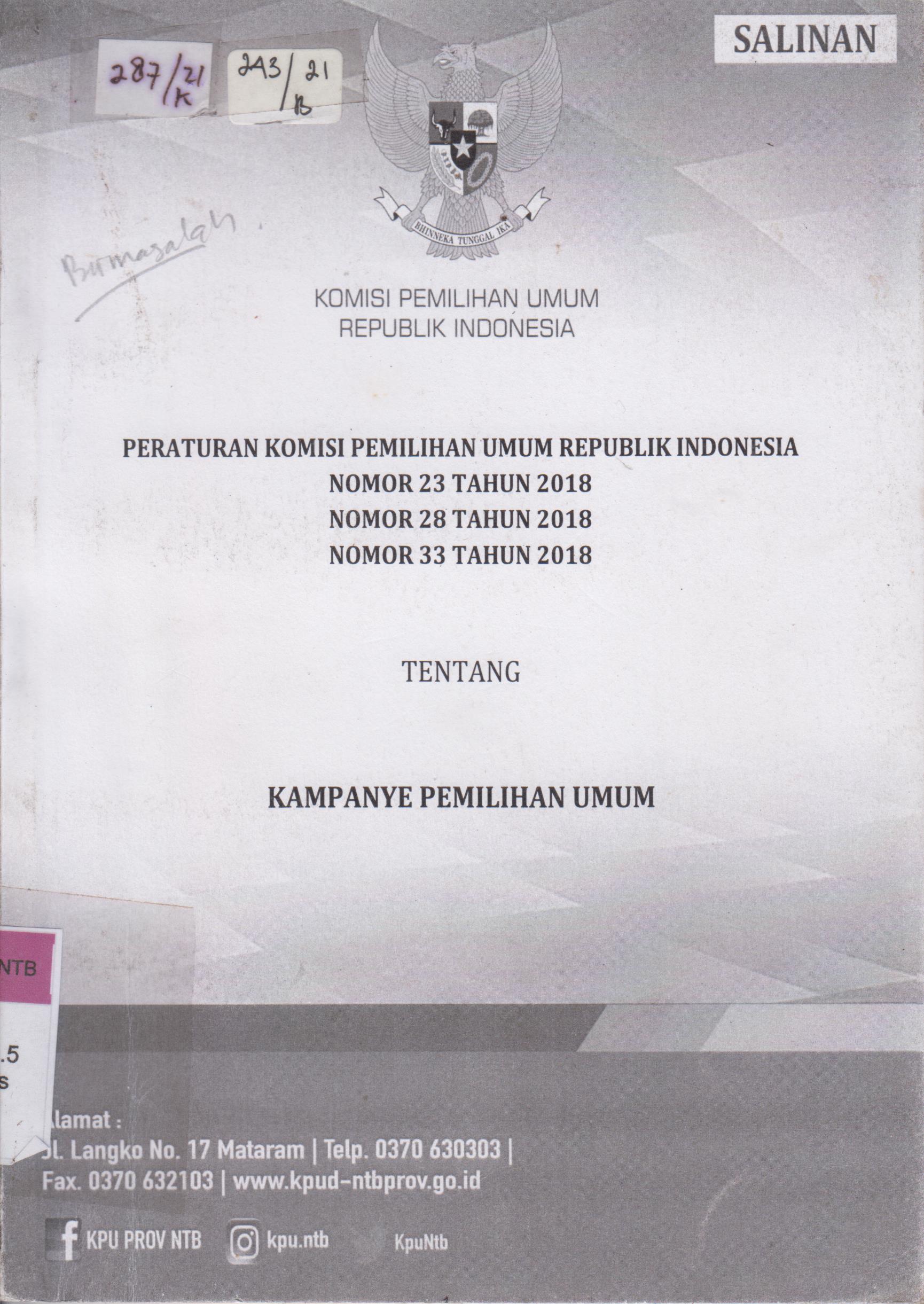 Cover Peraturan Komisi Pemilihan Umum Republik Indonesia Nomor 23 Tahun 2018, Nomor 28 Tahun 2018, Nomor 33 Tahun 2018 Tentang Kampanye Pemilihan Umum