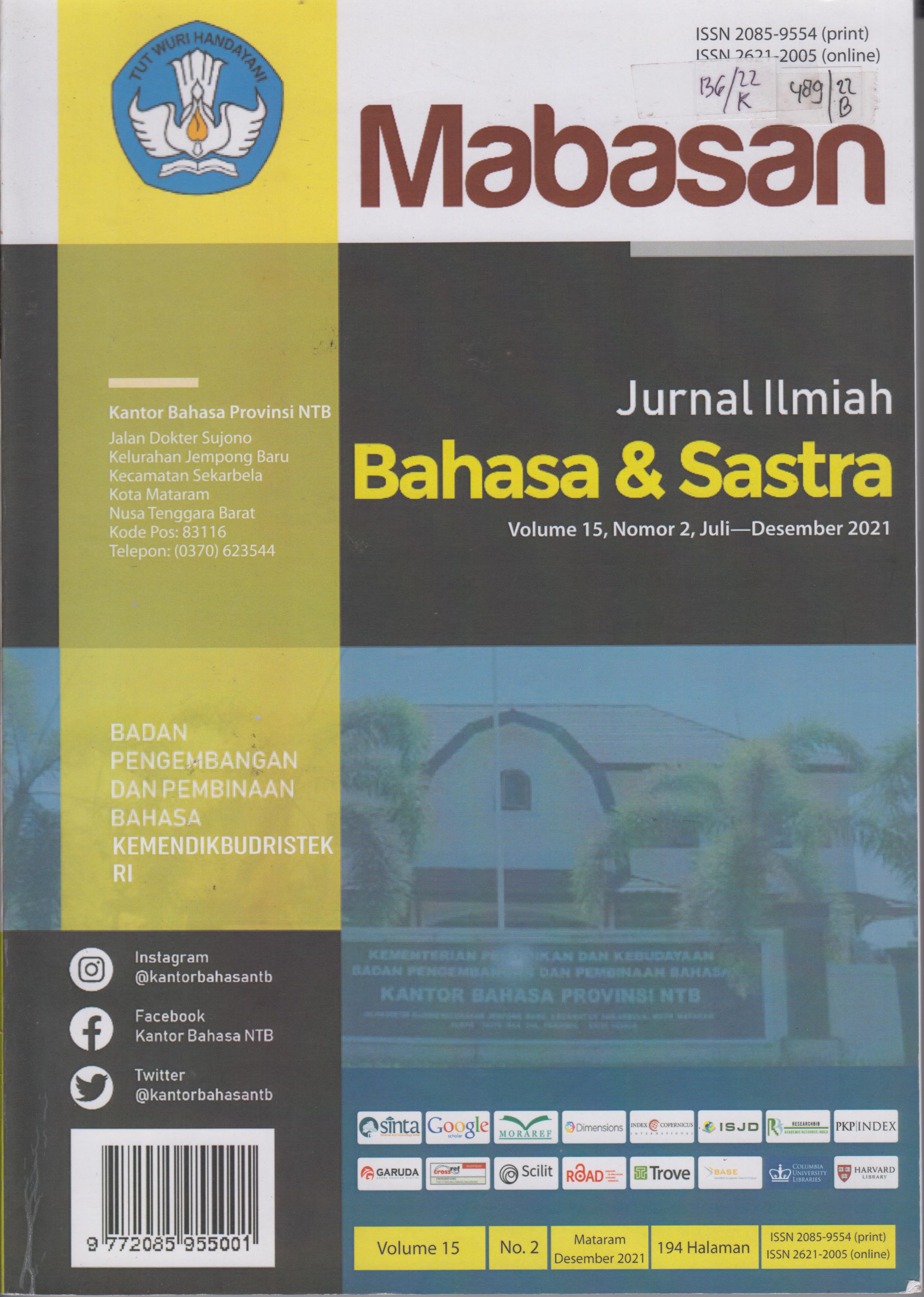 Cover Mabasan Masyarakat bahasa dan sastra Nusantara Jurnah Ilmiah Bahasa dan Sastra / Kantor Bahasa Provinsi NTB