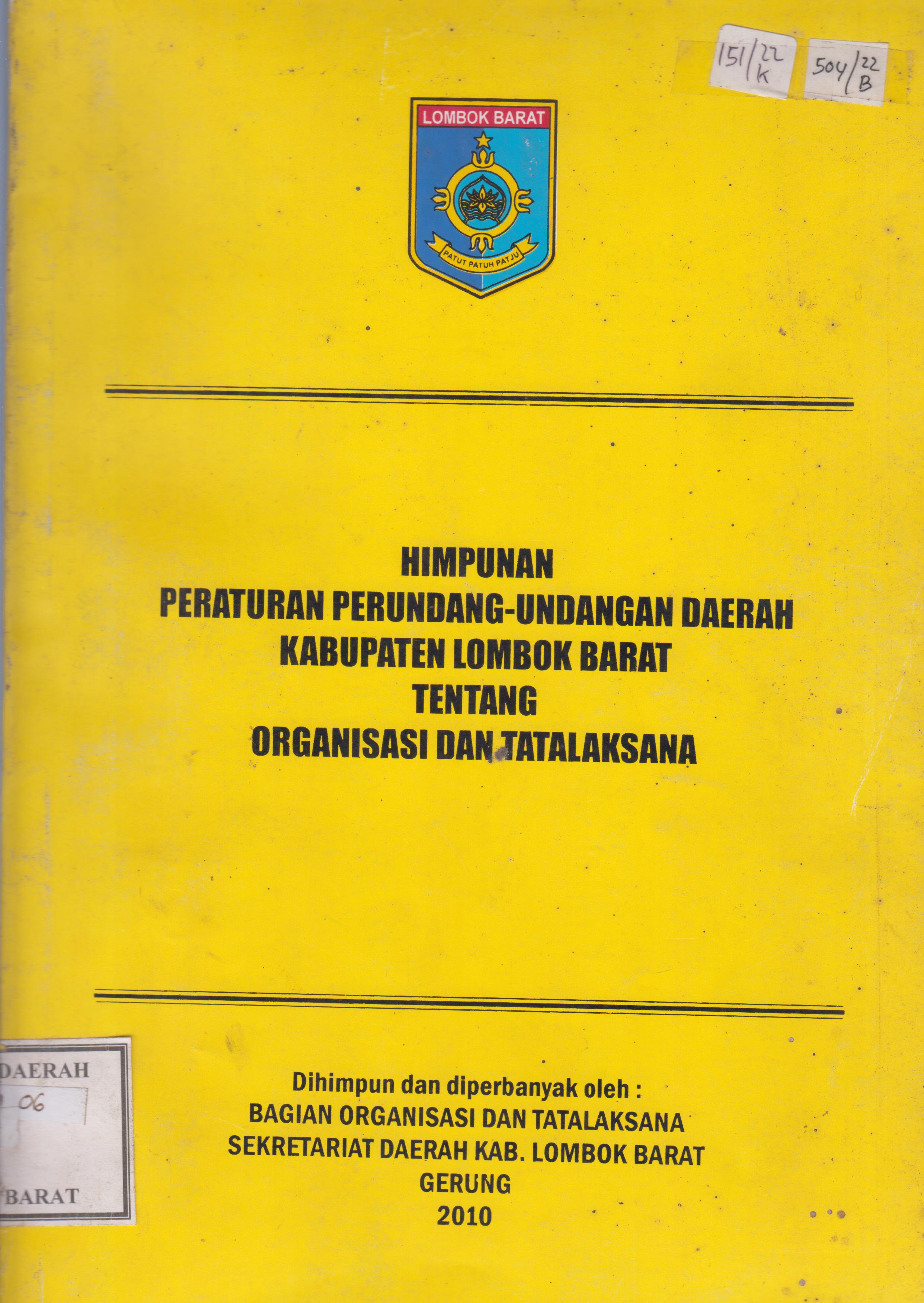 Cover Himpunan peraturan perundang-undangan daerah kabupaten Lombok Barat tentang organisasi dan tatalaksana