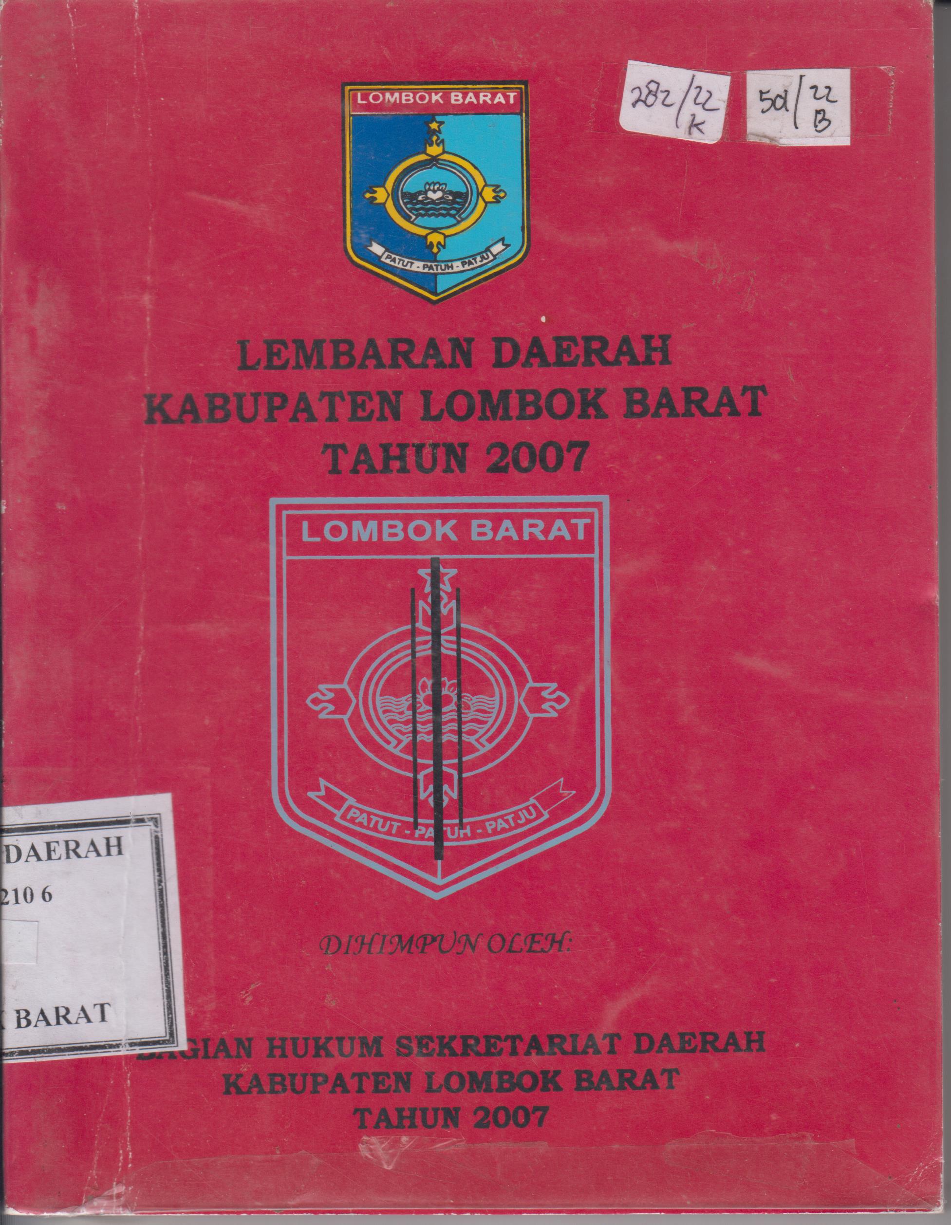 Cover Lembaran daerah Kabupaten Lombok Barat Tahun 2007 / Bagian Hukum Sekretariat Daerah Kabupaten Lombok Barat
