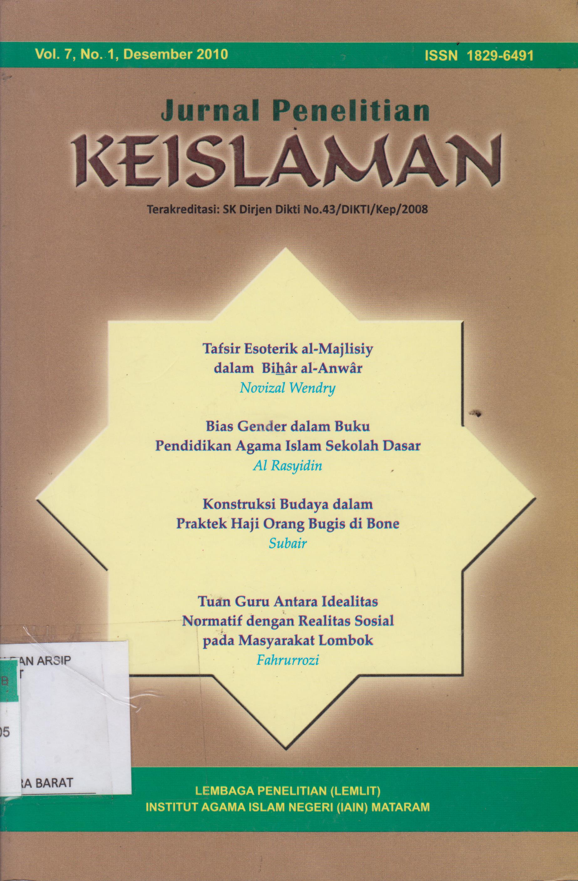 Cover Jurnal Penelitian Keislaman Vol. 7 No.1 Desember 2010 / Lembaga Penelitian (LEMIT) Institut Agama Islam Negeri (IAIN) Mataram