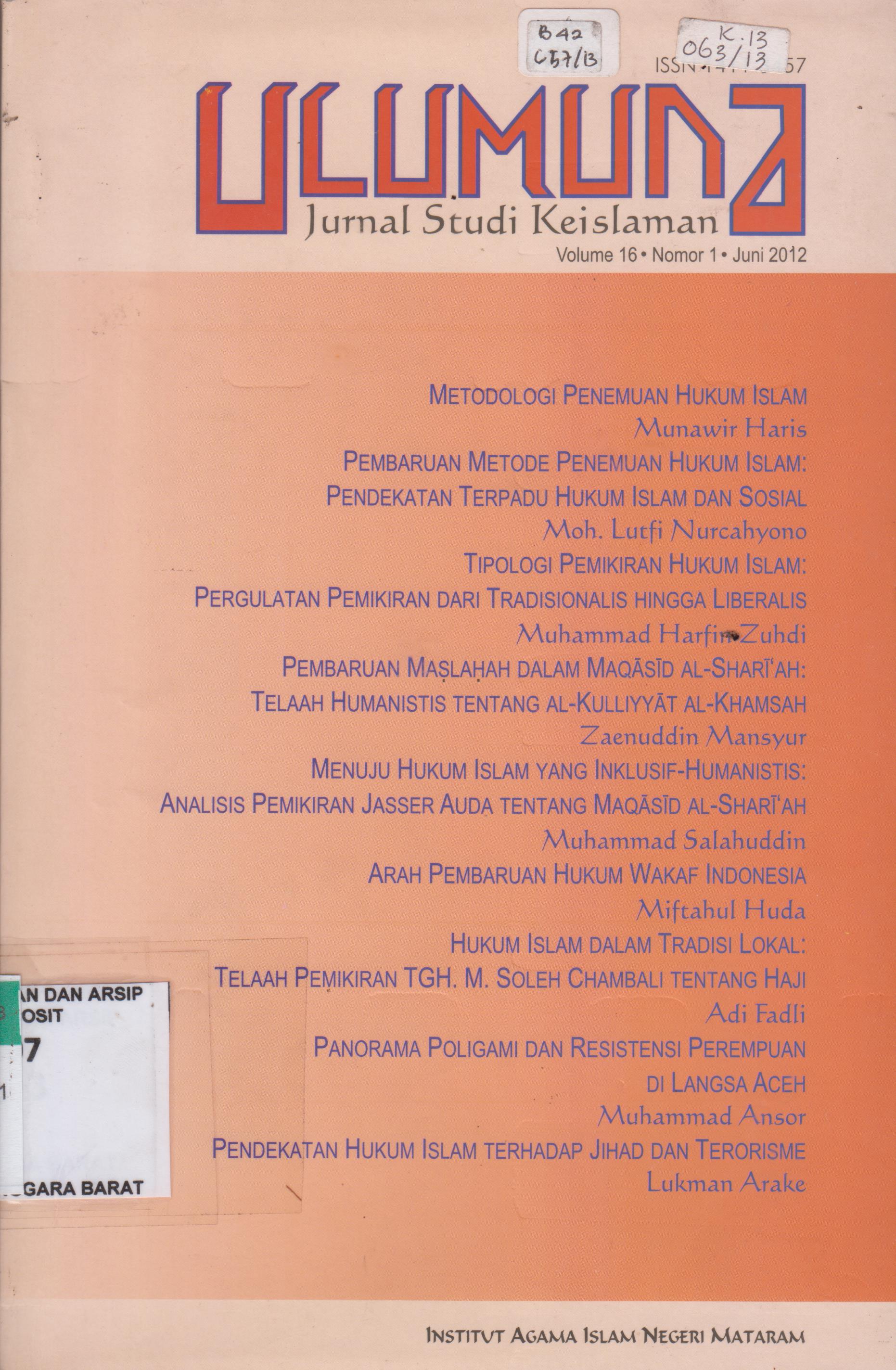 Cover Ulumuna Jurnal Studi Keislaman Volume 16 Nomor 1 Juni 2012 / Institut Agama Islam Negeri Mataram