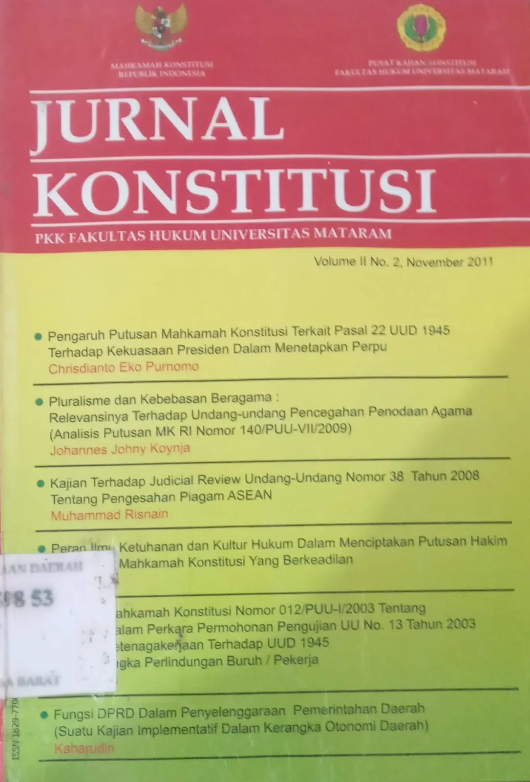 Cover JURNAL KONSTITUSI   PUSAT KAJIAN KONSTITUSI (PKK) FAKULTAS HUKUM UNIVERSITAS MATARAM / Prof. Dr. Muhammad Galang Asmara, SH., M.Hum