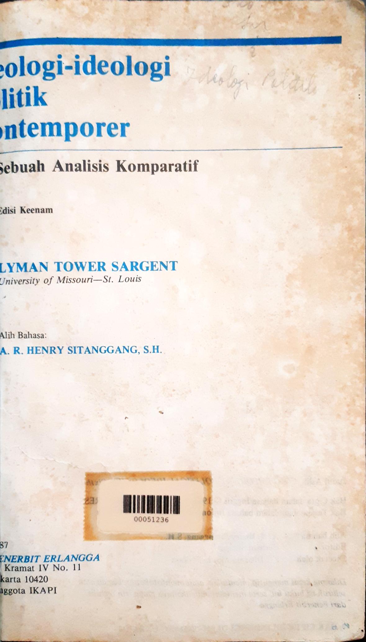 Cover Ideologi-ideologi politik kontemporer, sebuah analisis komperatif. / Lyman tower sargent; penerjemah, A.R. Henry Sitanggang