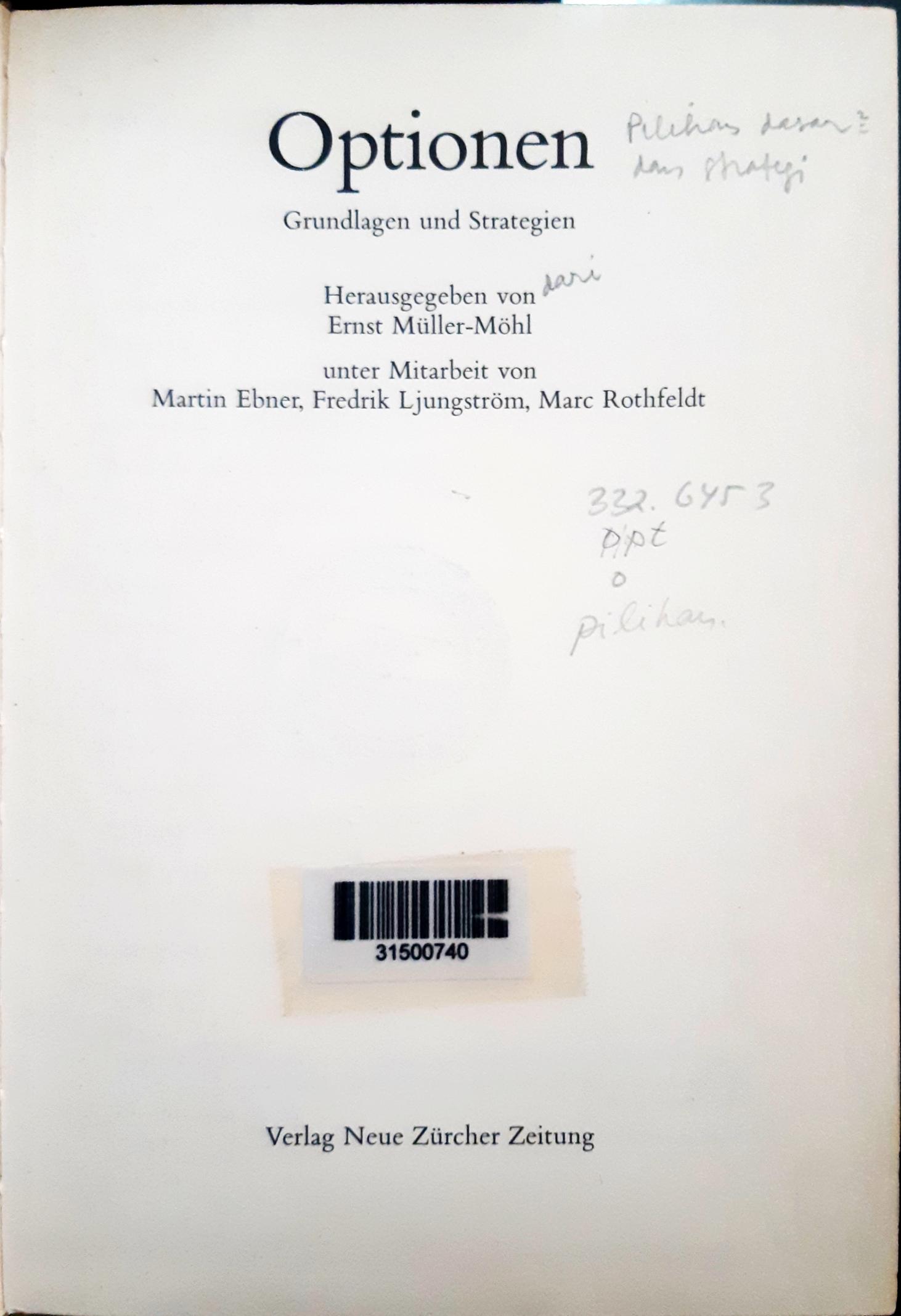 Cover Optionen :  Grundlagen und strategien / diedit dari, Ernst Muller - Mohl