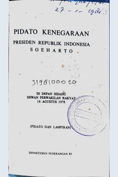 Cover Pidato kenegaraan Presiden Republik Indonesia Soeharto di depan sidan DPR 16 Agustus 1978 / Departemen penerangan RI