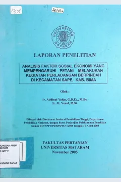 Cover Laporan Penelitian Analisis Faktor Sosial Ekonomi Yang Memeperngaruhi Petani Melakukan Kegiatan Perladangan Berpindah di Kecamatan Sape,Kab. Bima Turning Back The Historical Curtain of Tourism and Culture Tana Samawa / Addinul Yakin, G.D.Ec.,M.Ec